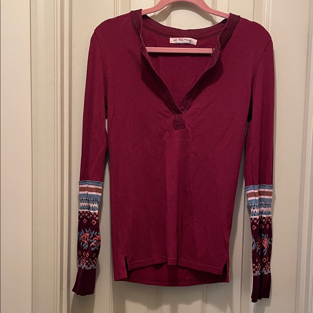 Free People Maroon Long Sleeve Top with Patterned Sleeves